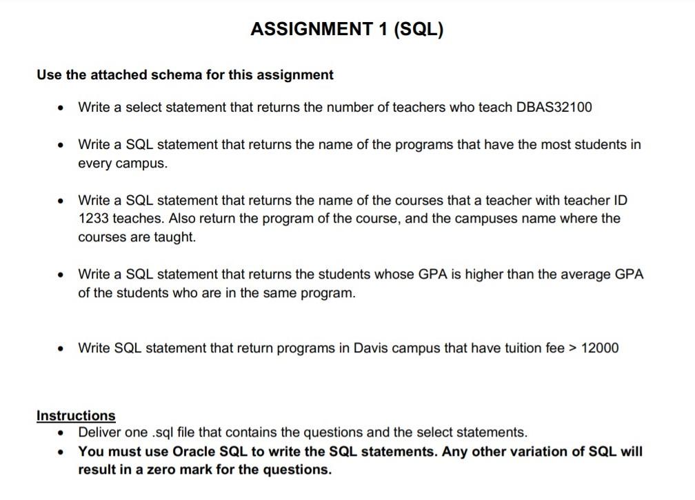  Here is the schema for it Please use Oracle SQL to