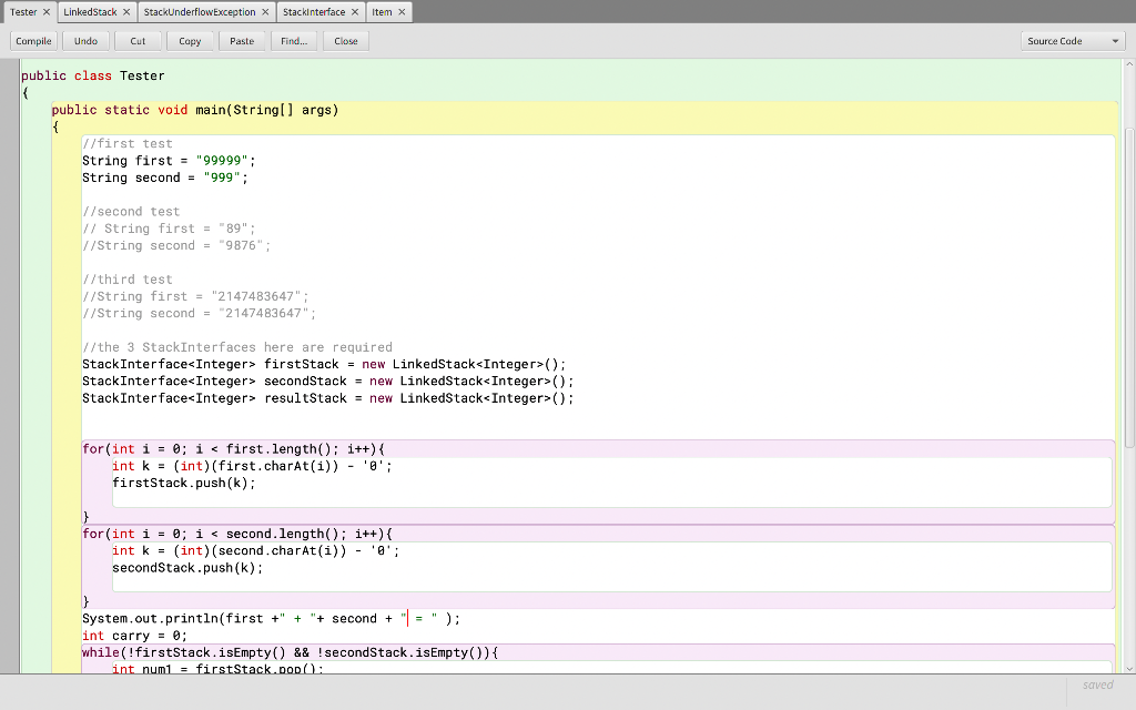 Using Java I am adding large numbers using stacks my issue is