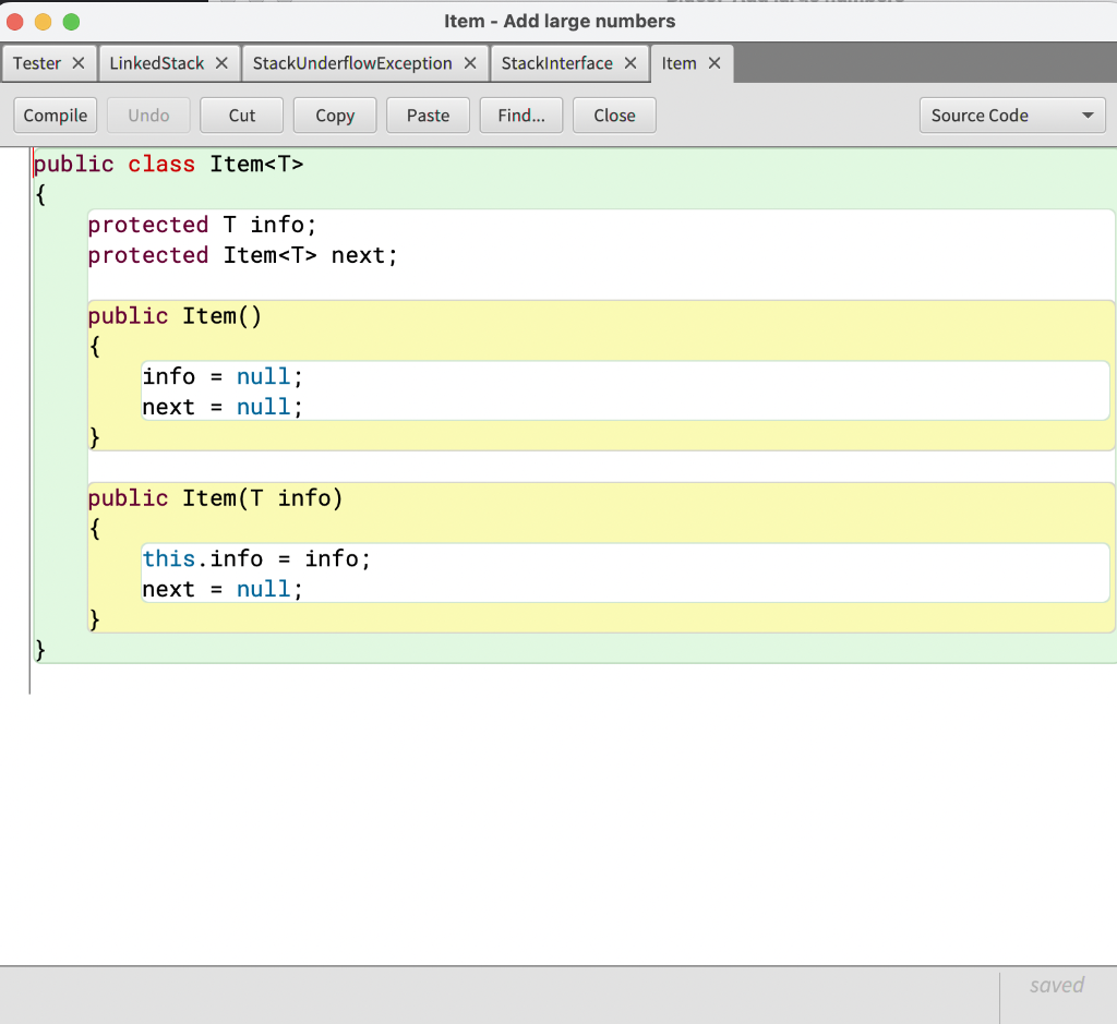 protected Item next; public Item() {{info=null;}next=null; public Item(T info) { this.info =