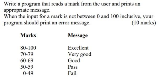  Write a program that reads a mark from the user and
