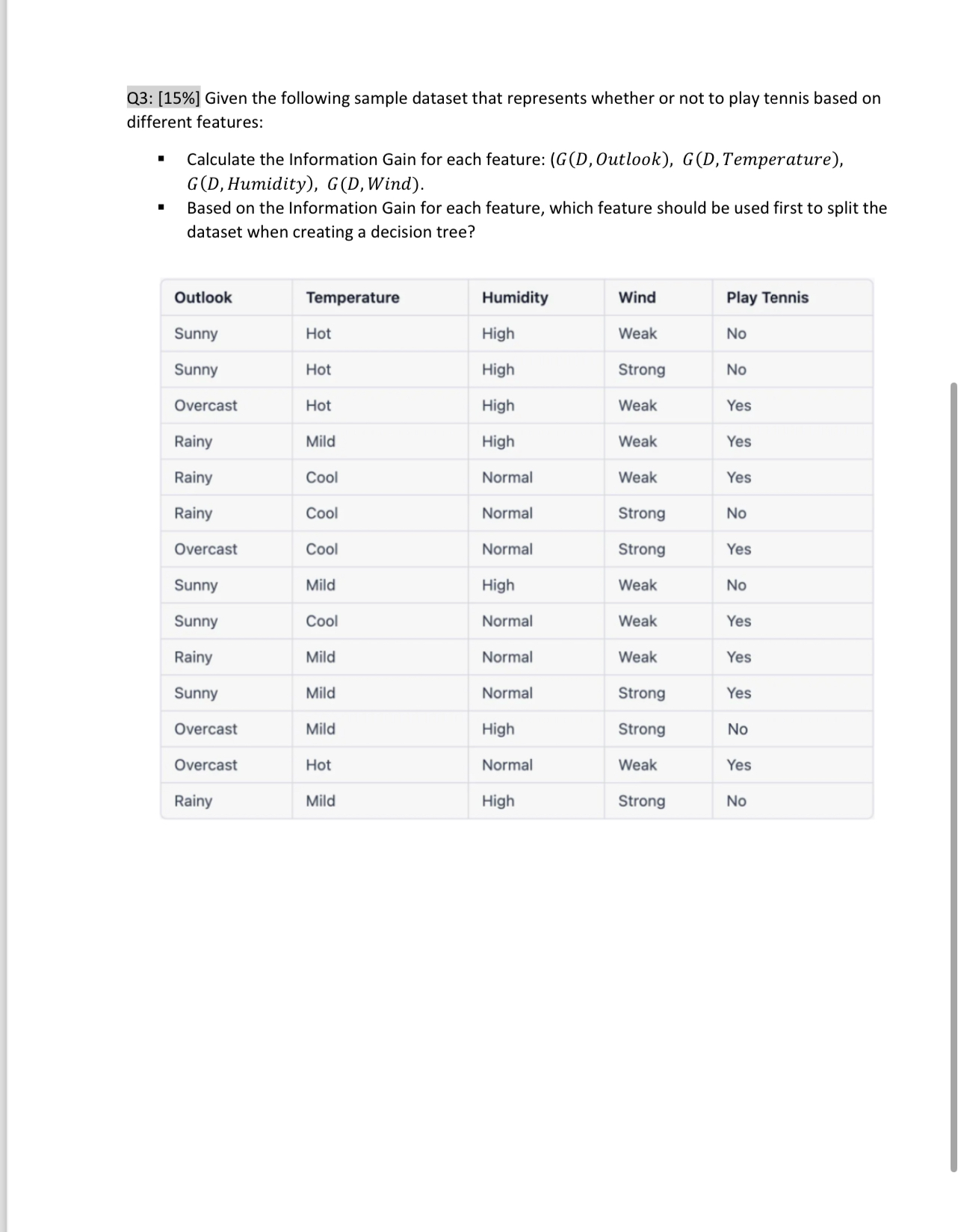  Q3: [15%] Given the following sample dataset that represents whether or