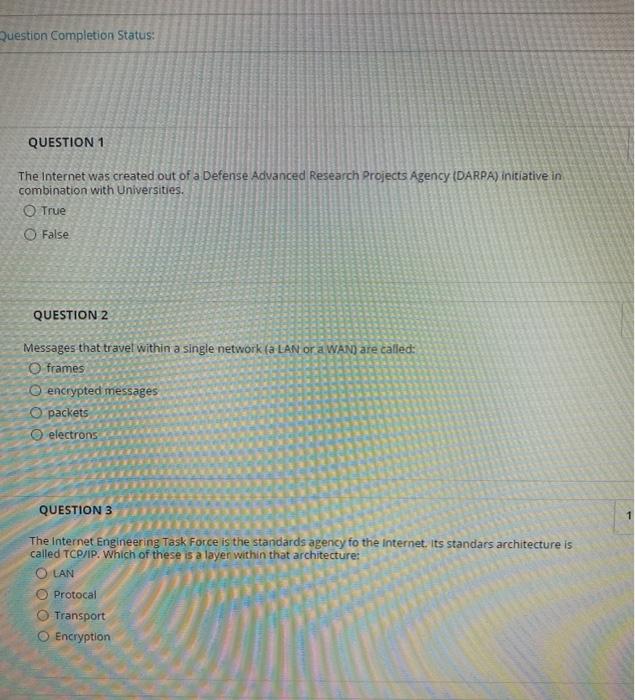 Question Completion Status: QUESTION 1 The Internet was created out of