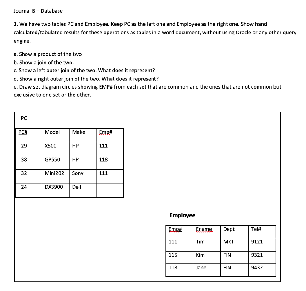  Journal B Database 1. We have two tables PC and Employee.