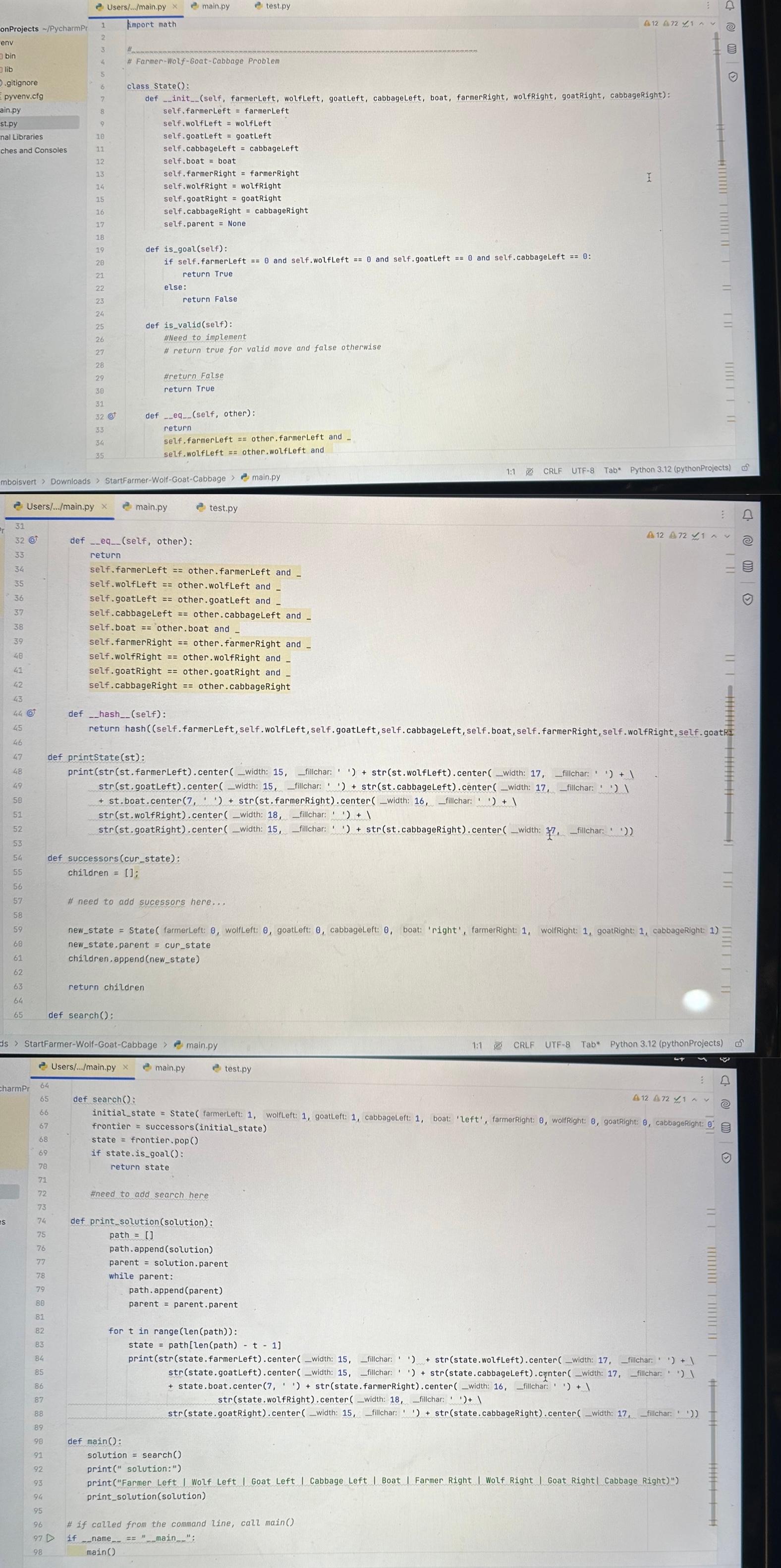  Farmer wolf goat cabbage riddle in Python please 1. Implement true