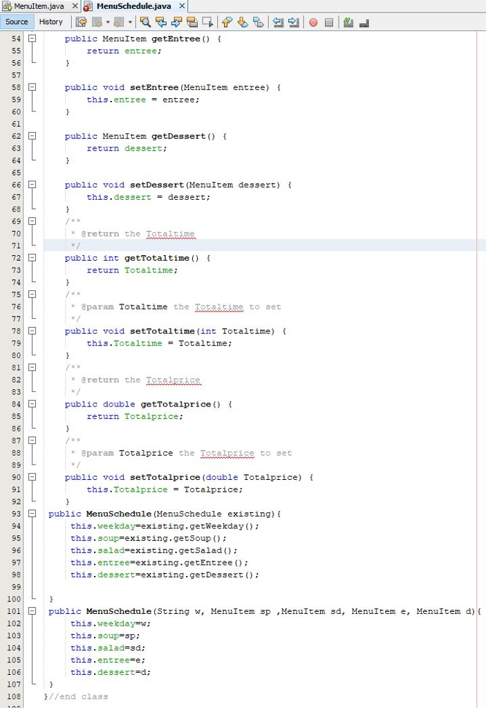 pce Code the following two classes: Menultem and MenuSchedule (an aggregate). See