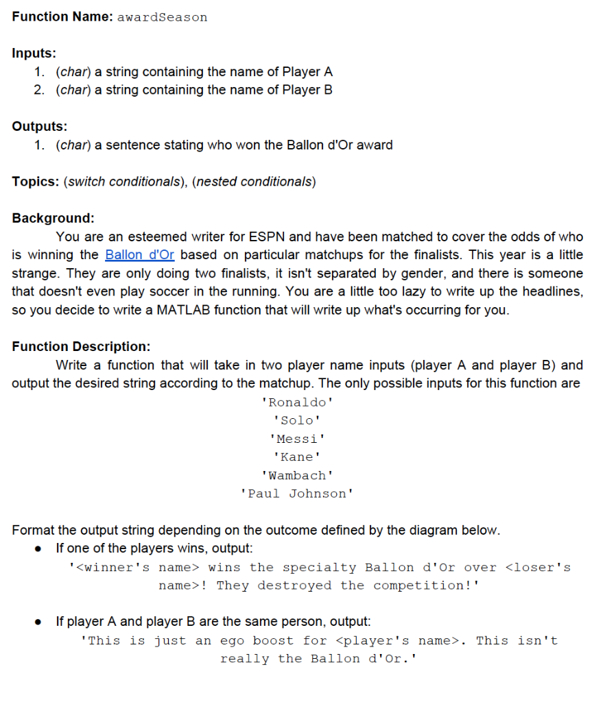 MATLAB PROBLEM Function Name: awardSeason Inputs: 1. (char) a string containing the