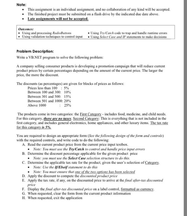  Visual basic programming Note This assignment is an individual assignment, and