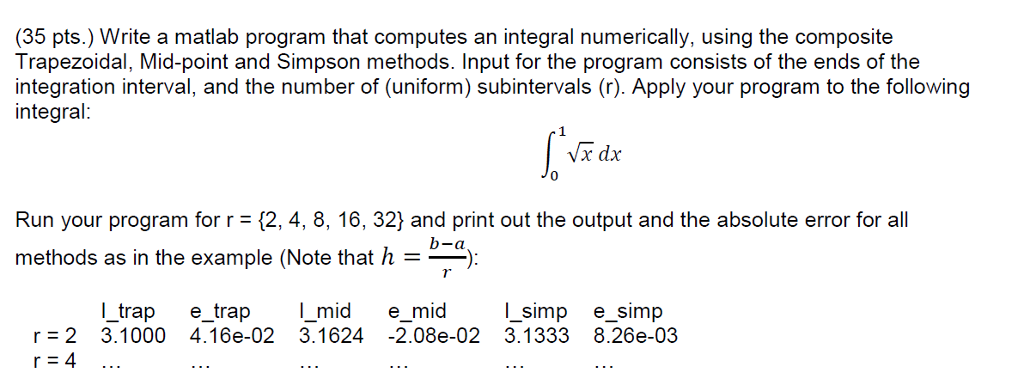  (35 pts.) Write a matlab program that computes an integral numerically,