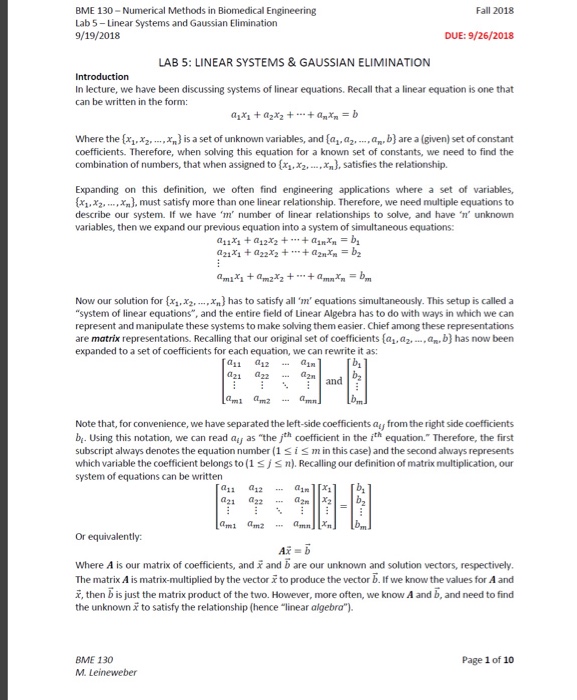  BME 130-Numerical Methods in Biomedical Engineering Lab 5-Linear Systems and Gaussian