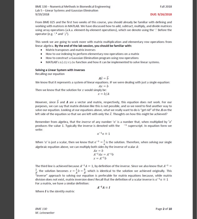 Elimination 9/19/2018 Fall 2018 DUE: 9/26/2018 LAB 5: LINEAR SYSTEMS & GAUSSIAN