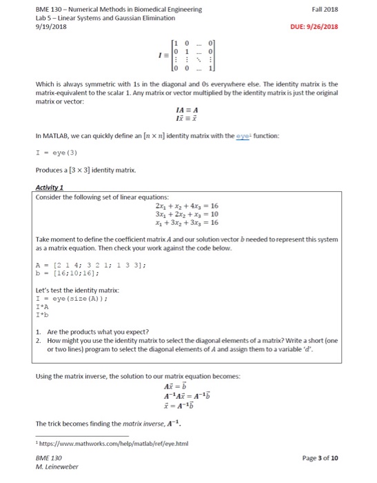 ELIMINATION In lecture, we have been discussing systems of linear equations. Recall