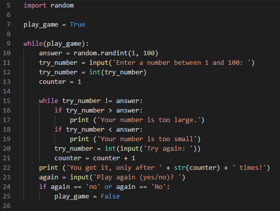 Following code stores 'random' integer into a variable. Asks user to guess