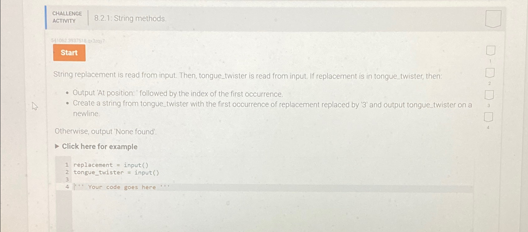 CHALLENGE\ ACTIVITY\ 8.2.1: String methods.\ 54106239375184\\\\times 32947\ String replacement is read