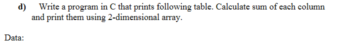  d) Write a program in C that prints following table. Calculate