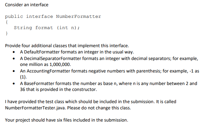  Java file provided is below: /** Class to test the format