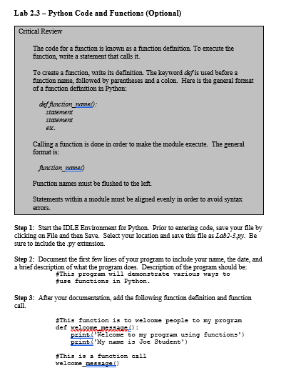  Lab 2.3-Python Code and Functions (Optional) Critical Review The code for
