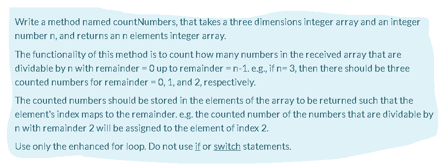 undefined Write a method named countNumbers, that takes a three dimensions integer