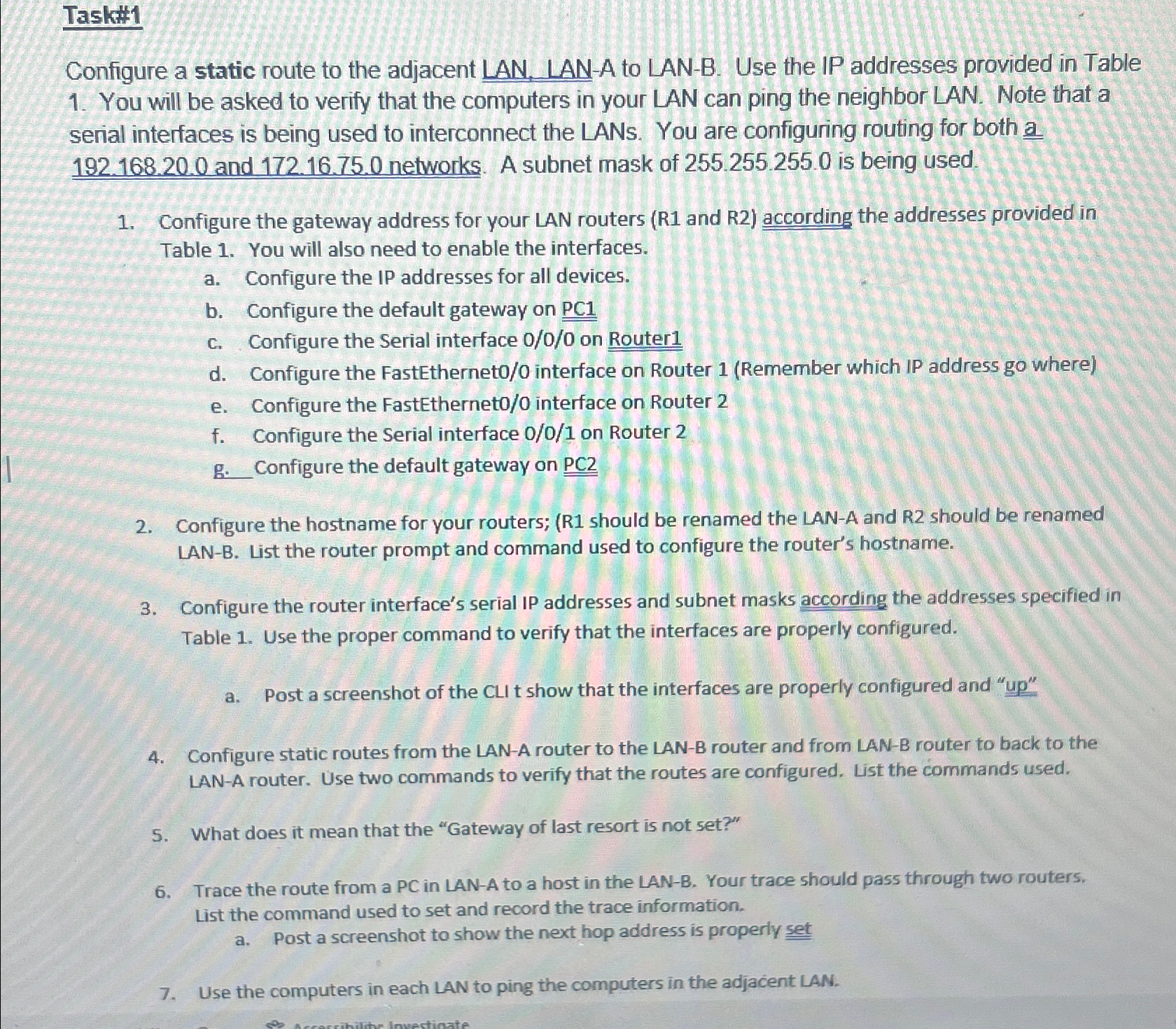  Task#1 Configure a static route to the adjacent LAN, LAN-A to