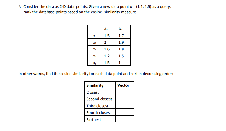3. Consider the data as 2-D data points. Given a new