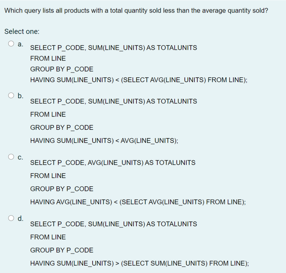 database: 1. 2. 3. 4. 5. Which query lists all products with