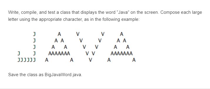 Write, compile, and test a class that displays the word "Java"