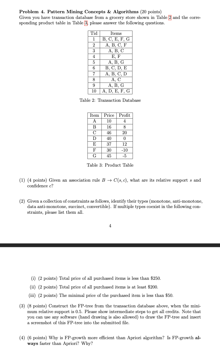  Problem 4. Pattern Mining Concepts \& Algorithms (20 points) Given you