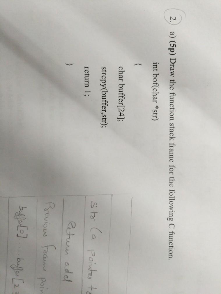 2.) a) (5p) Draw the function stack frame for the following