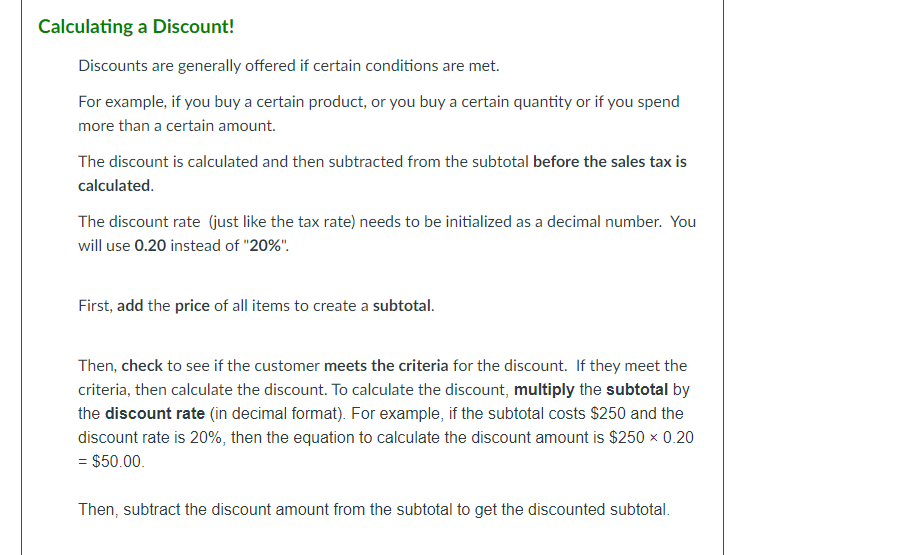 JavaScript The discount.js file must begin with a multi-line comment block that