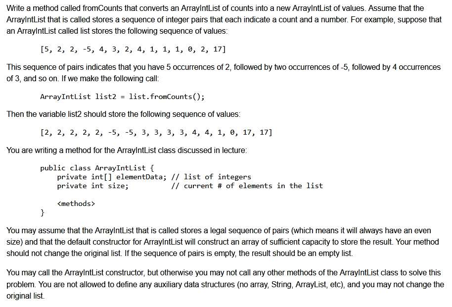  Write a method called fromCounts that converts an ArraylntList of counts