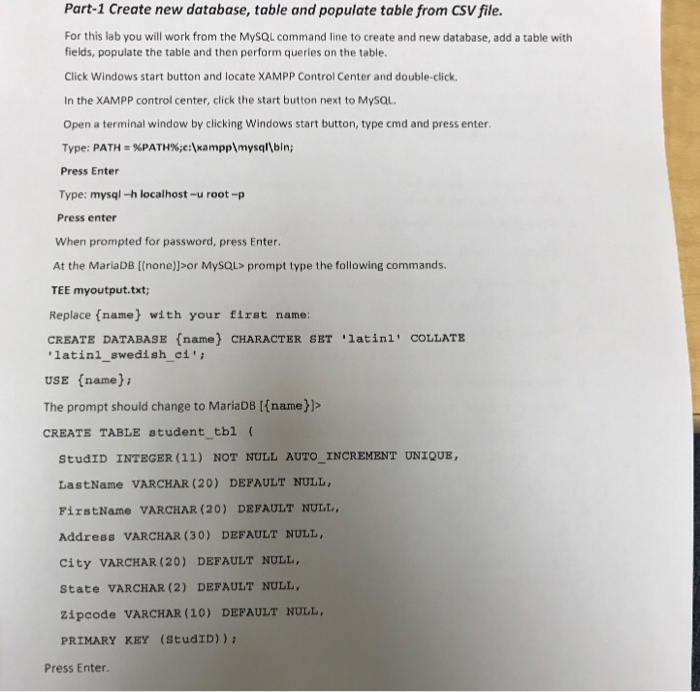  Part-1 Create new database, table and populate table from CSV file.