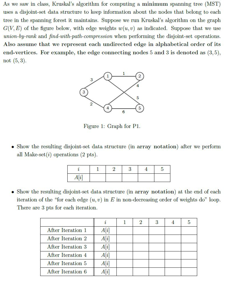  As we saw in class, Kruskal's algorithm for computing a minimum