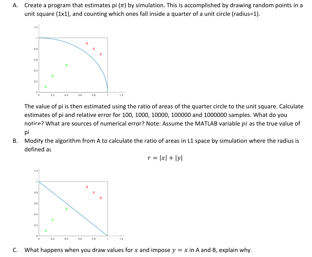 Programming code: Matlab A. Create a program that estimates pi (Tt) by