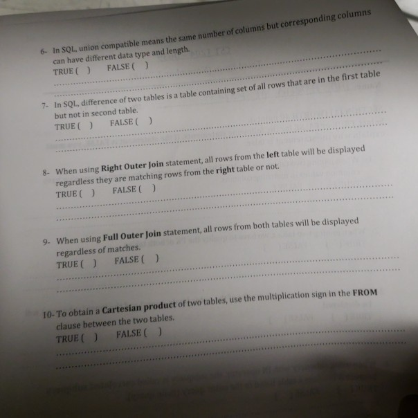 Select TRUE or FALSE for the following statements. If the statement is