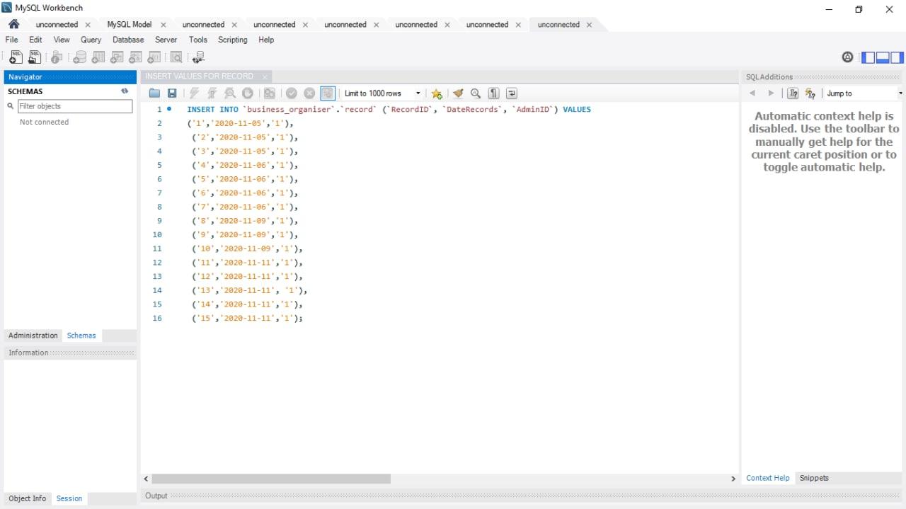 CREATE INSERT PROCEDURE MySQL Workbench unconnected X MySQL Model x File Edit