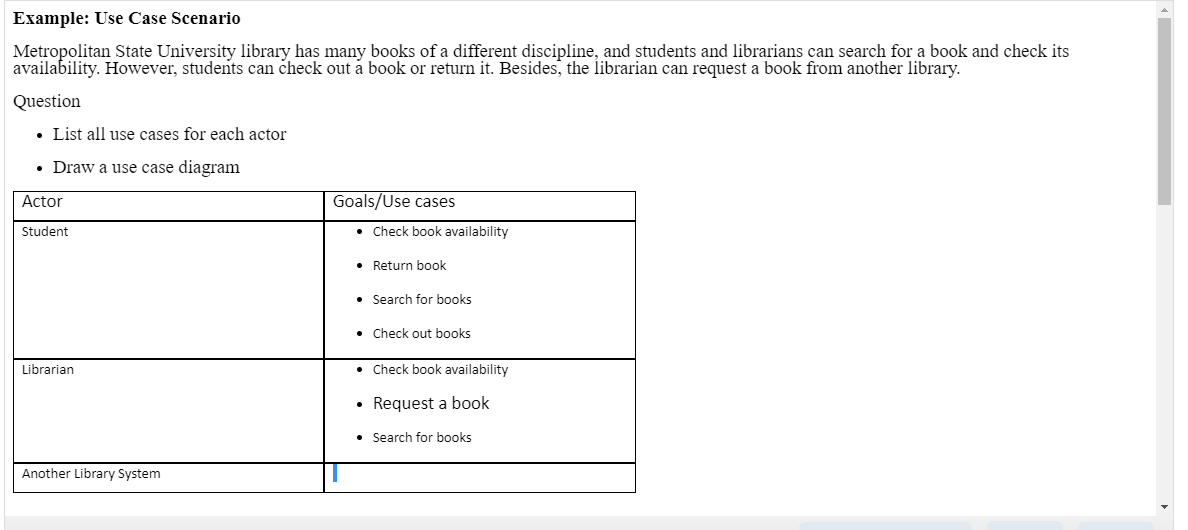please help... Example: Use Case Scenario Metropolitan State University library has many