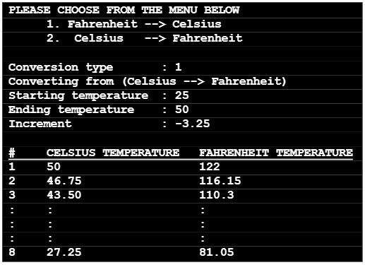 CENTIGRADE. THE USER WILL ALSO ENTER A STARING TEMPERATURE, AND ENDING TEMPERATURE