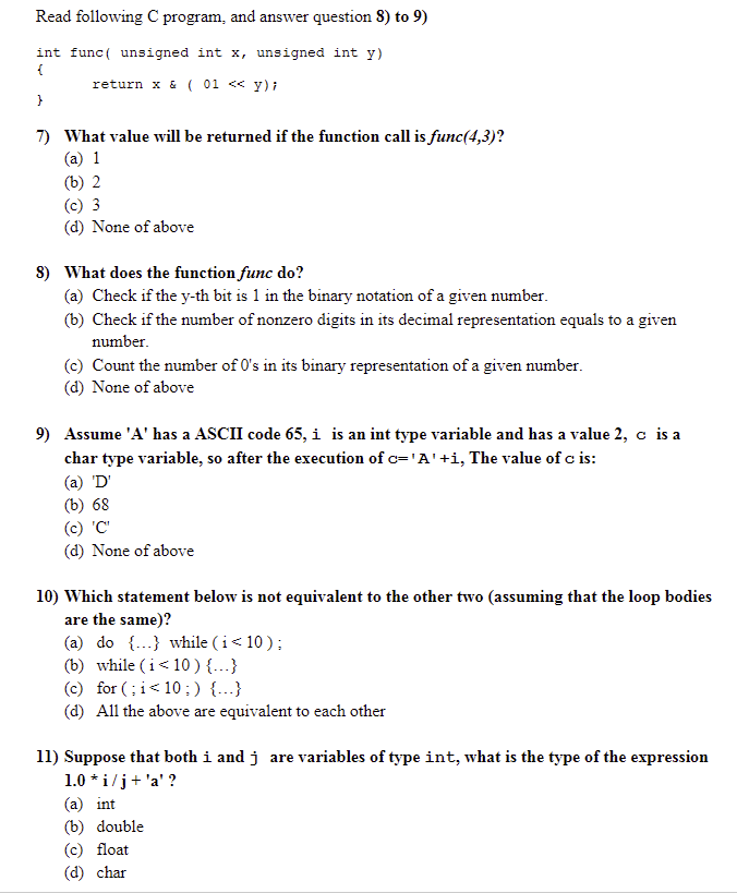  Read following C program, and answer question 8) to 9) int