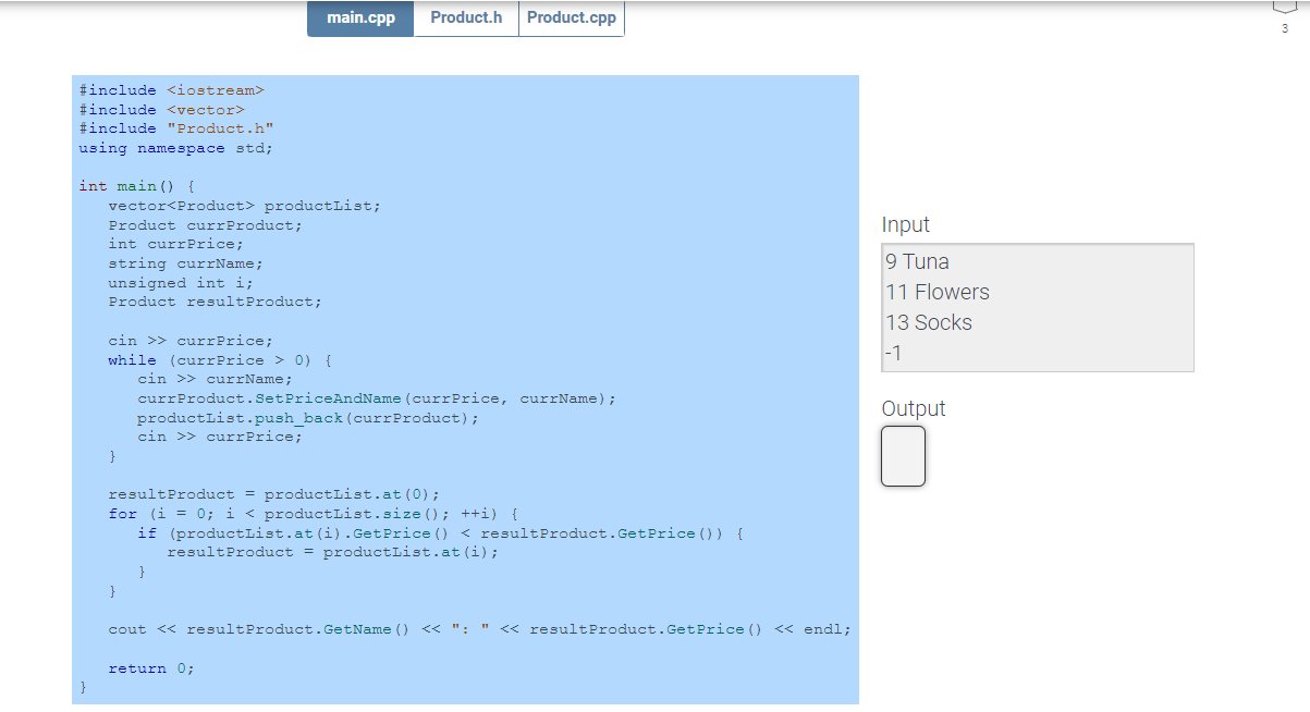 Given the three separate files of C++ code and the input given,