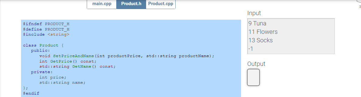 what would the output be? \#ifndef PRODUCT H \#define PRODUCT,H \#include class
