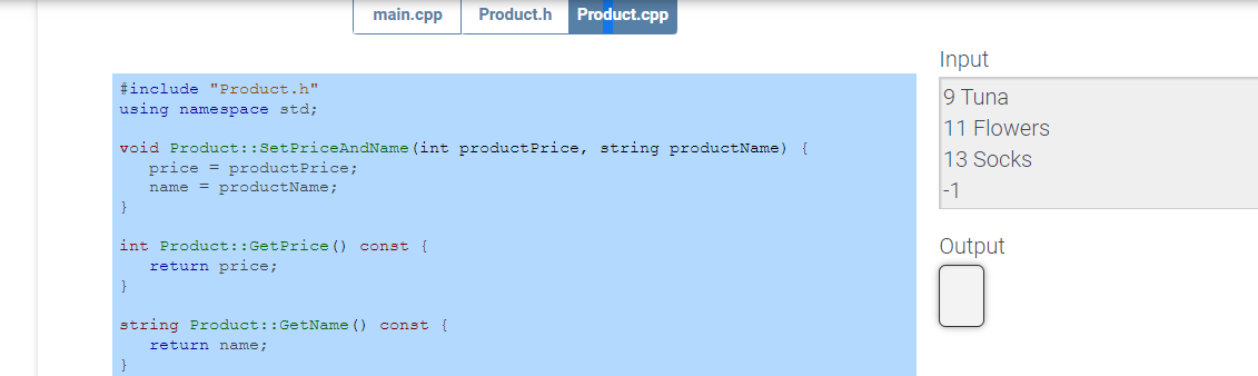 Product \{ public: void SetPriceAndName (int productPrice, std: string productName); int GetPrice()