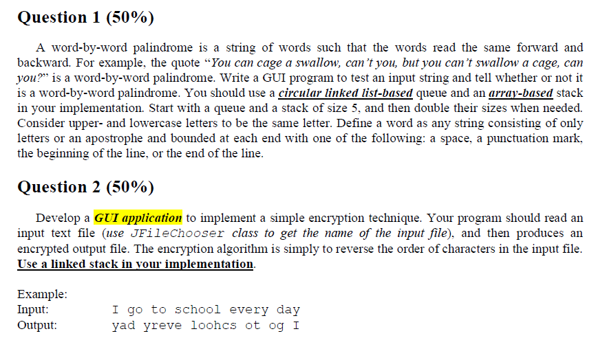 JAVA Question 1 (50%) A word-by-word palindrome is a string of words