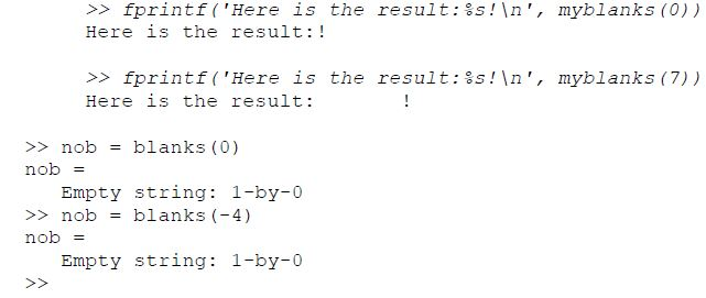 In MATLAB, What does the blanks function return when a 0 is