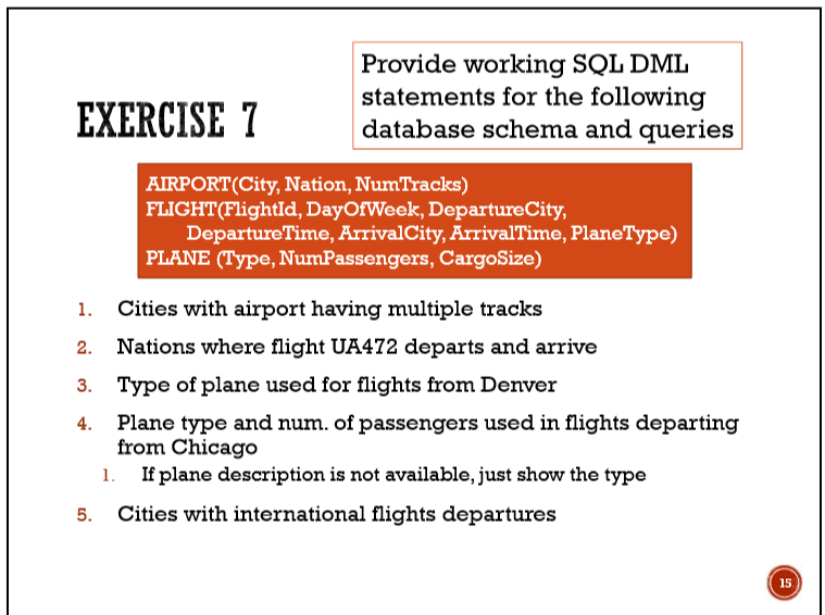  Provide working SQL DML statements for the following database schema and