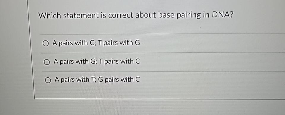 Which statement is correct about base pairing in DNA?\ A pairs