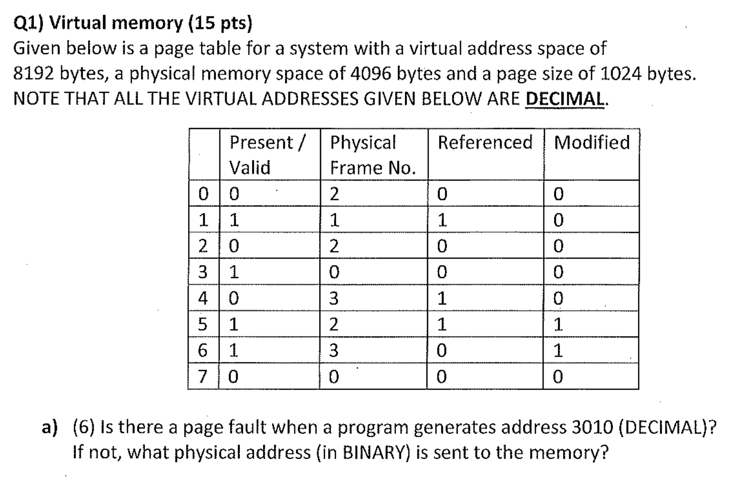 Q1) Virtual memory (15 pts) Given below is a page table