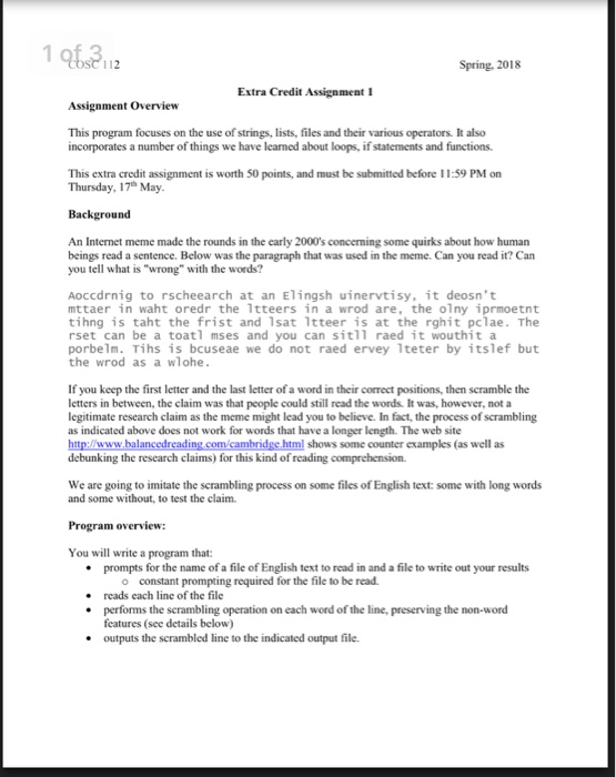  10 112 Spring. 2018 Extra Credit Assignment 1 Assignment Overview This