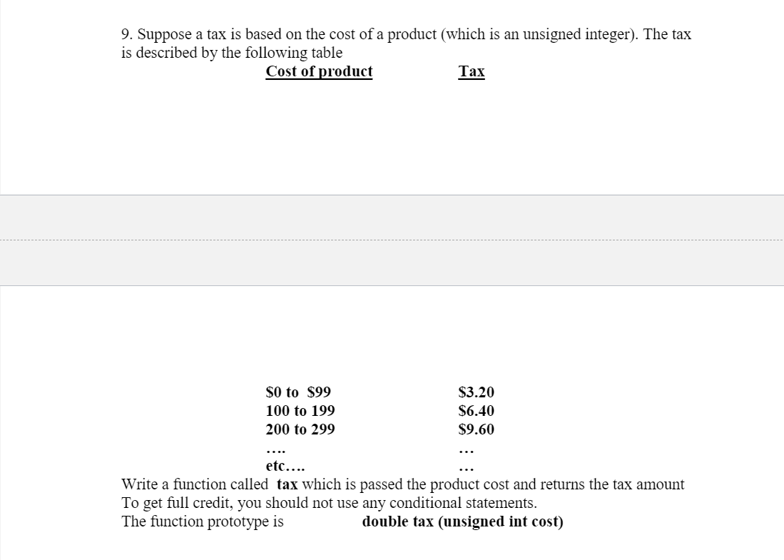 C programming 9. Suppose a tax is based on the cost of