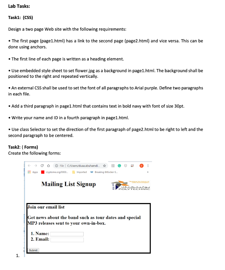  Lab Tasks: Task1: (CSS) Design a two page Web site with