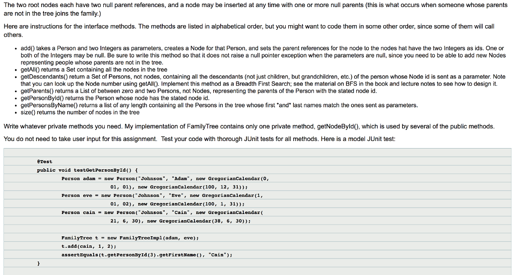 FamilyTree is a structure of Nodes and has two roots. Do not