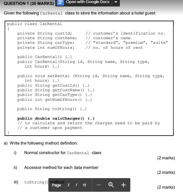  QUESTION 1 (20 MARKS) Open with Google Docs Given the following